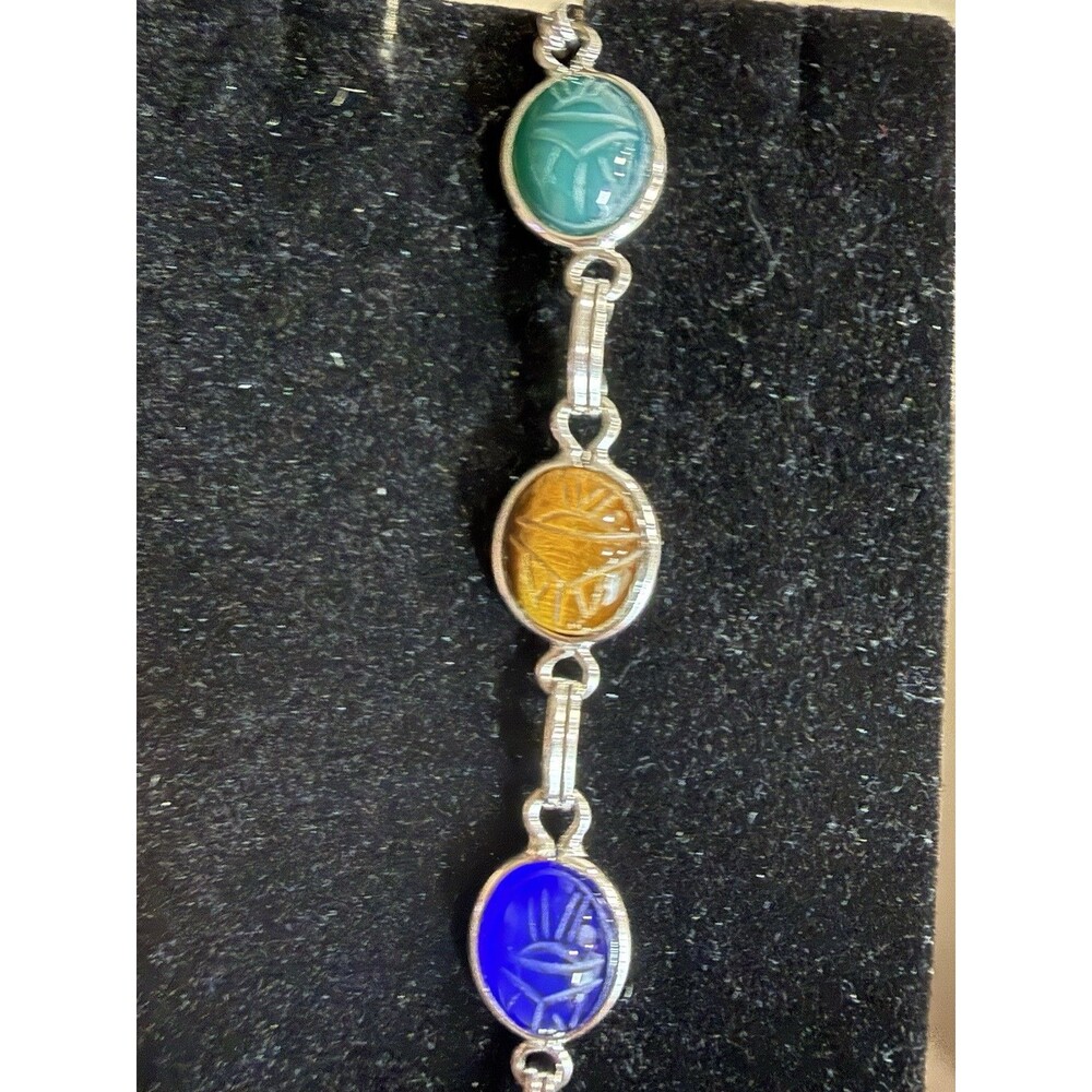 Vintage Egyptian Scarab Bracelet Signed A&Z Ster 6 Carved Stones Rare - Picture 15 of 16
